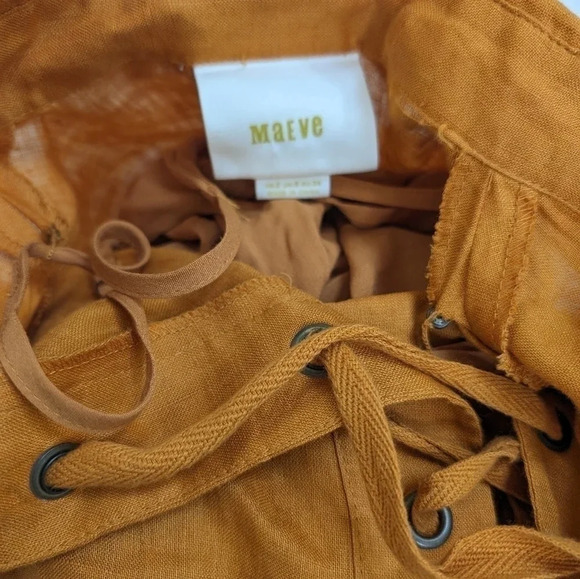 Moving Sale💘 Anthropologie Maeve Lace-Up Shirt Linen Dress Mustard Color Size 2 - Picture 4 of 7